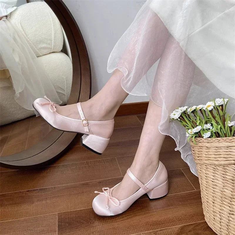 2025 spring cute sweet Bowknot Mary Janes for Womenvintage Silk Med Heelspumps LadiesBanquet Wedding Single Shoes Mujer