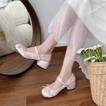 2025 spring cute sweet Bowknot Mary Janes for Womenvintage Silk Med Heelspumps LadiesBanquet Wedding Single Shoes Mujer