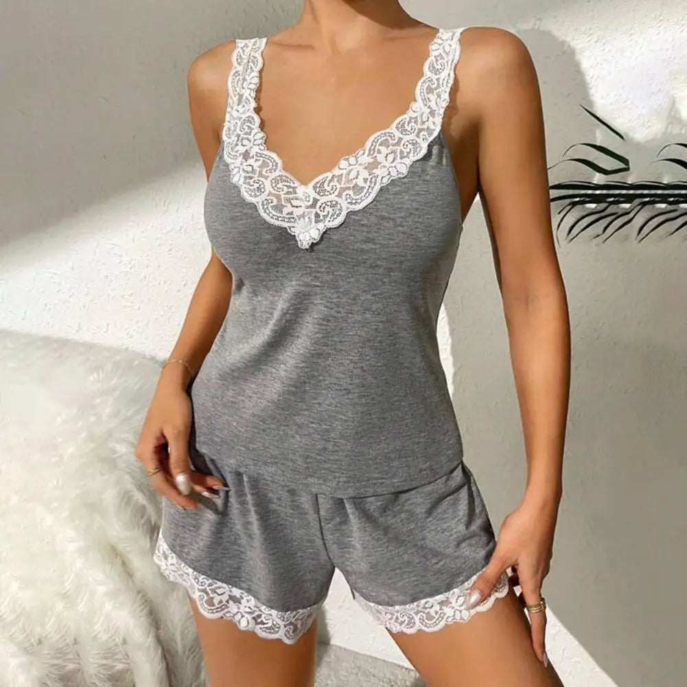 2pcs/set Women Pajama Set for Summer Lace Trim Tank Top Elastic Waist Shorts Set Sexy V Neck Sleeveless Sleepwear Homewear