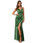 Women's Spaghetti Strap Satin Slit Dress Ruched V Neck Sleeveless Prom Dress Mermaid Bridesmaid Dress for Formal Evening Gown