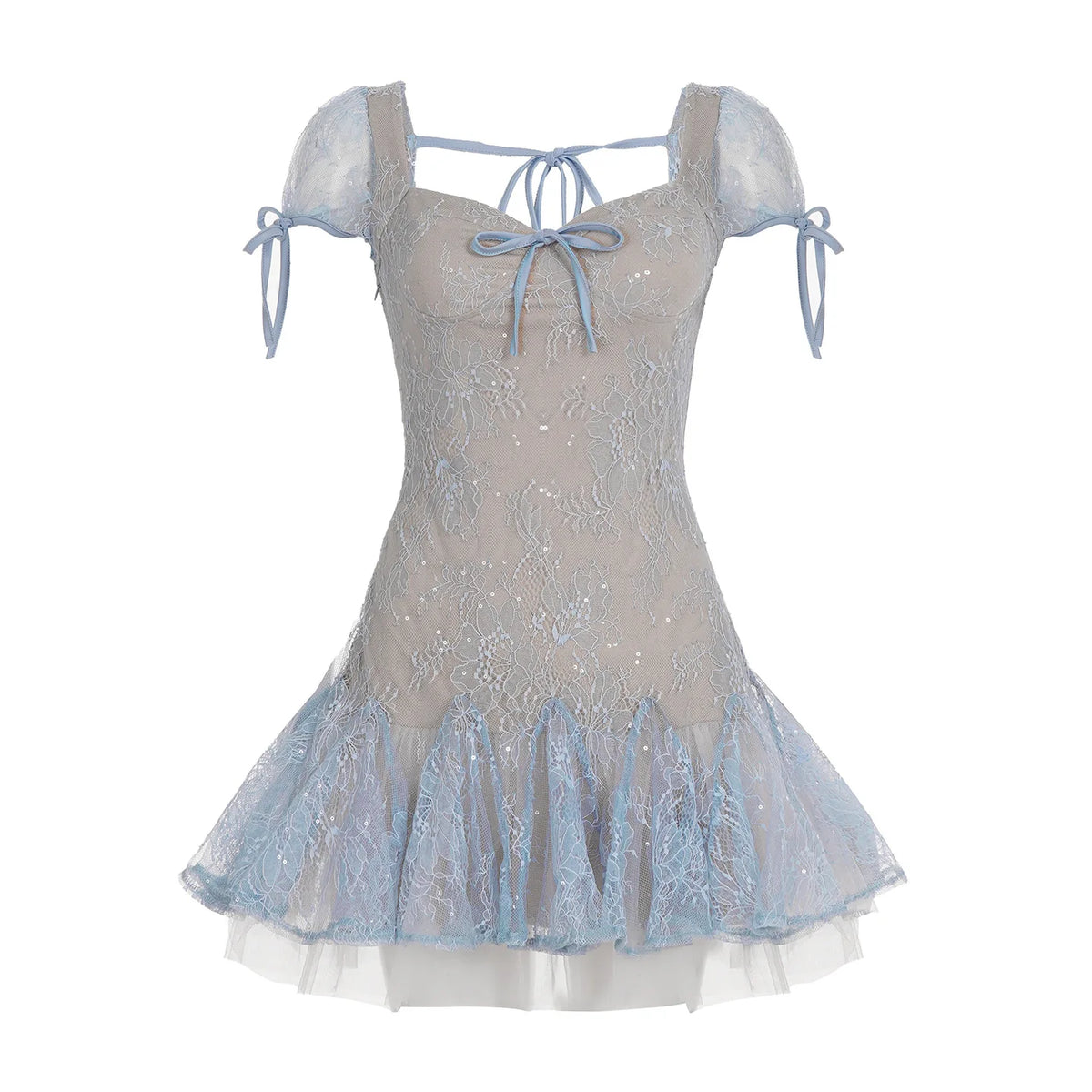 Dreamy and Western-style lace pleated princess dress with sparkling sequin design and puff-sleeved high-waisted dress.