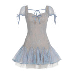Dreamy and Western-style lace pleated princess dress with sparkling sequin design and puff-sleeved high-waisted dress.