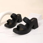 Women High Heels Sandals Fashion Weave Thick Heel Slippers Square Toe Summer Casual Ladies Slides Slip on Beach Sexy Shoes Woman