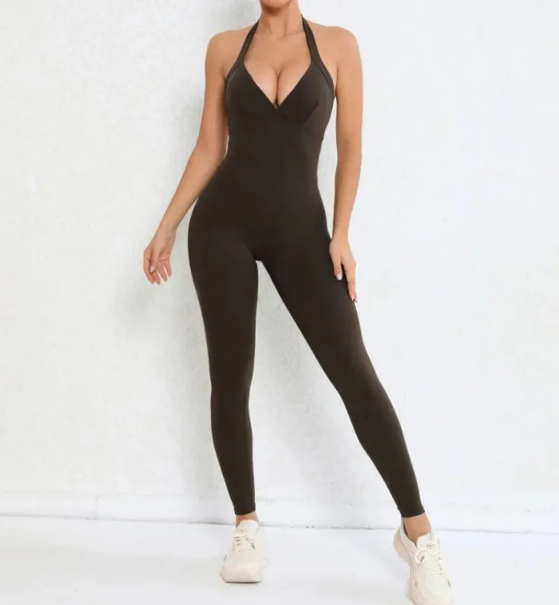 Women's Seamless Yoga Jumpsuits Sports Fitness Peach Hip-lifting Beauty Backless One-piece Pocket Tight Workout Gym Bodysuit