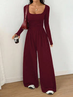 Women's Casual Solid Color Square Neck Long Sleeve A-Line Jumpsuit Pleating Wide Leg Loose Mopping Jumpsuit Spring/Fall 2026