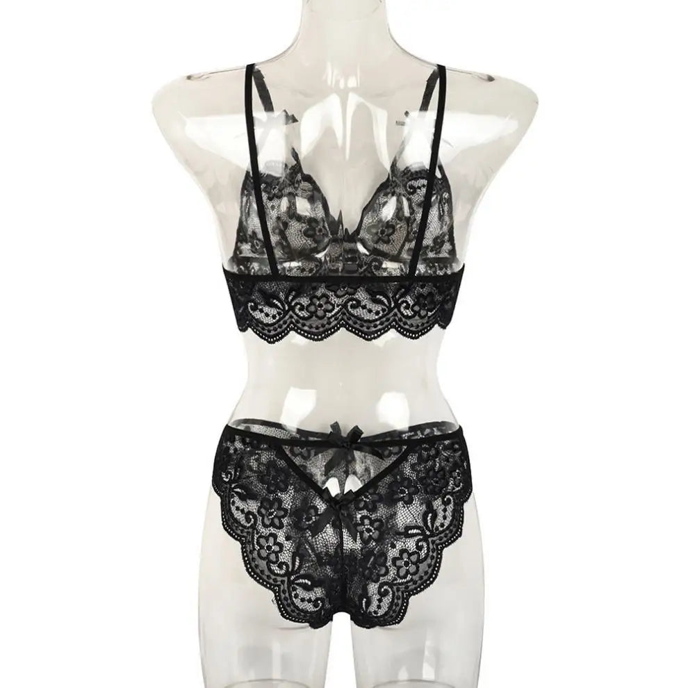 Sexy Elegant Lace Seamless Lingerie Set Women's Hollow Erotic Lingerie Transparent Wirefree Bra Sets Panties
