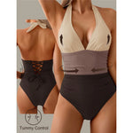 S - XL Splicing V Neck Backless Halter Women Swimwear One Piece Swimsuit Female Monokini Padded Bather Bathing Suit Swim V7559
