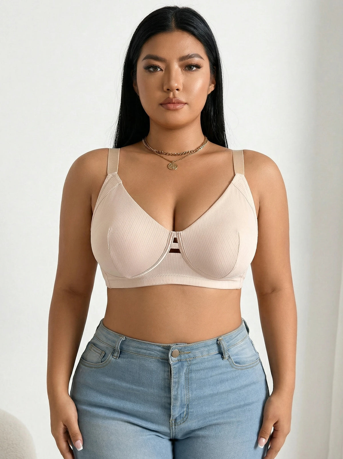 Plus Size Wireless Bra Women Nude Ribbed Bralette Removable Pads Full Coverage High Support Comfortable Everyday Lingerie MR3606