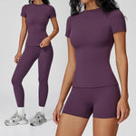 New Yoga Set Two Piece Women Short Sleeve Top with High Waist Leggings Seamless Workout Clothes Patchwork Sport Fitness Gym Sets