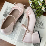 2025 spring cute sweet Bowknot Mary Janes for Womenvintage Silk Med Heelspumps LadiesBanquet Wedding Single Shoes Mujer
