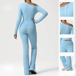 2 Pieces Women's Seamless Yoga Set Long-sleeved Shirt Flared-pants Tracksuit Running Fitness Sports Set Slim-fit High Waist Suit