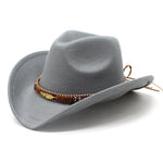 Women Men Wide Brim Floppy Cowboy Hat Western Style Wool Felt Flat Top Cap Classic Vintage Bowler Hat Party