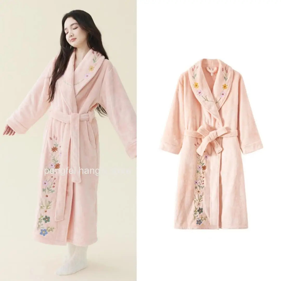 Elegant Bridal Premium Embroidered Coral Fleece Bathrobe for Ladies Thick Extra Long Warm Winter Home Dressing Gown Sleepwear