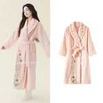 Elegant Bridal Premium Embroidered Coral Fleece Bathrobe for Ladies Thick Extra Long Warm Winter Home Dressing Gown Sleepwear