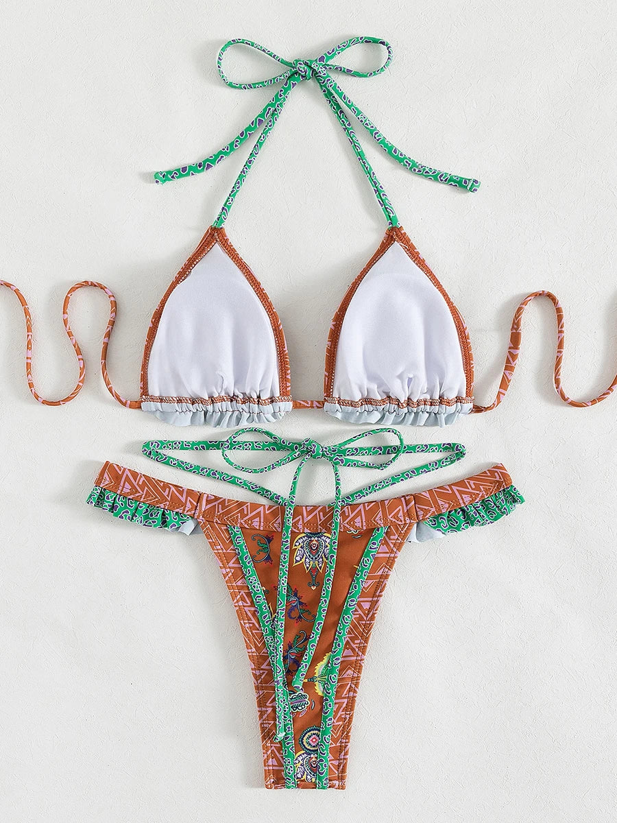 Floral Print Halter Ruffle Frilled Bikini Women Thong Swimwear Female Swimsuit Two-pieces Bikini Set Bathing Suit Swim Beachwear