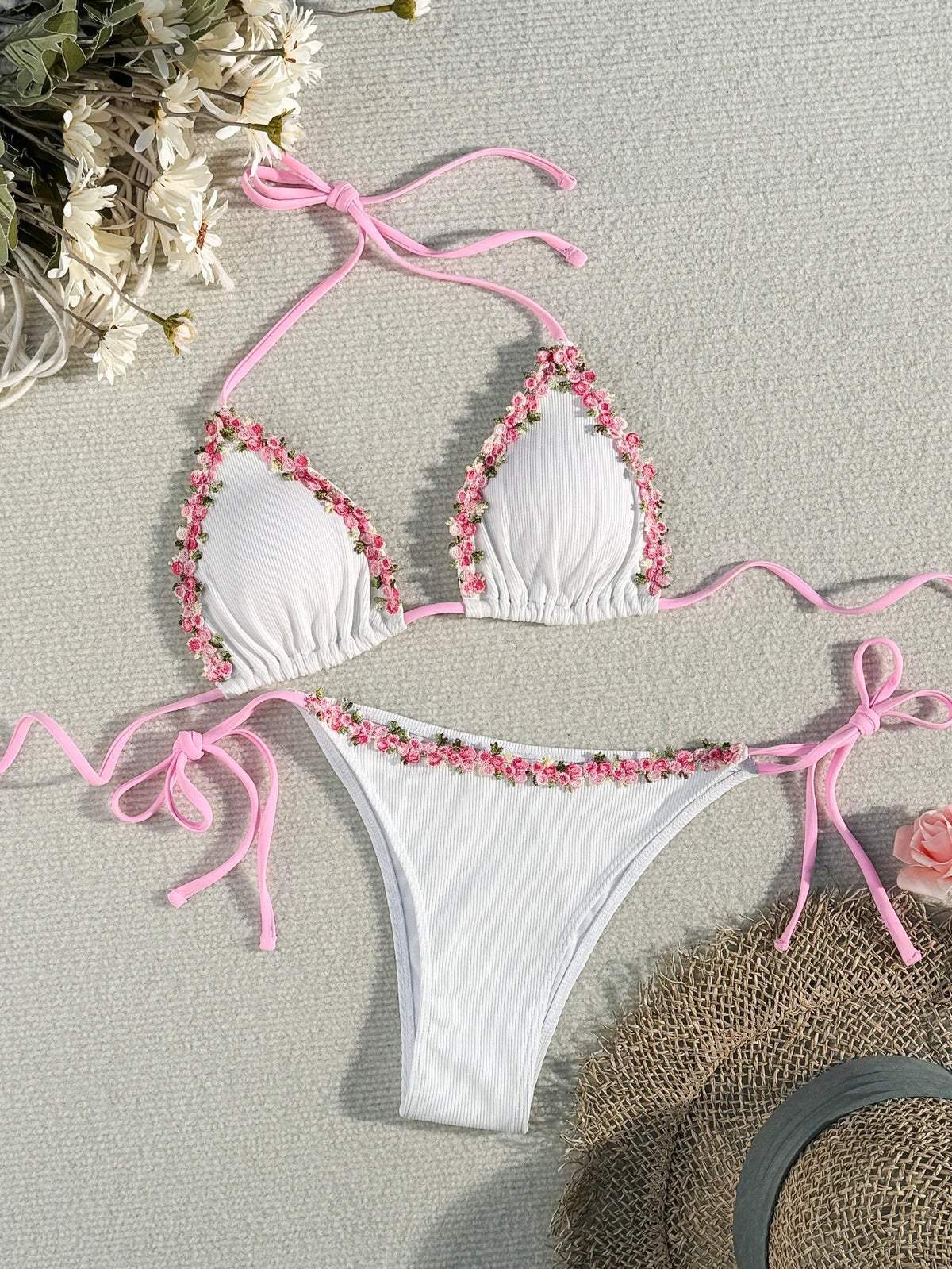 Sexy 3D Floral Bikini Set 2025 Women White Pink Contrast Push Up Bra Tie Side Thong Swimsuit Beach Bathing Suit Micro Swimwear