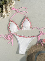 Sexy 3D Floral Bikini Set 2025 Women White Pink Contrast Push Up Bra Tie Side Thong Swimsuit Beach Bathing Suit Micro Swimwear