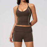 2PCS Women Yoga Sets Color Contrast Hanging Neck V Neck Slimming Sports Tank Top Flip High Waist Shorts Gym Running Fitness Suit