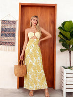 Women Floral Print Tie Backless Dress for Bohemian Party Evening Ring Cut Out Strapless Bodycon Long Dresses
