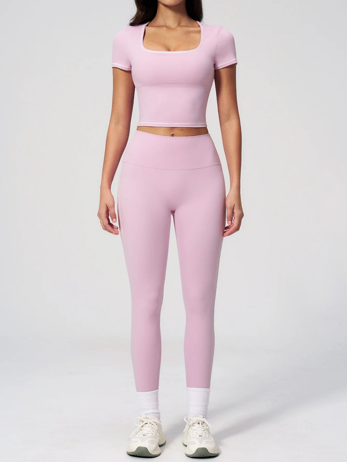 2PC Color Contrast Yoga Suit Women Short Sleeve Square Collar Slim Sports Top Fitness Suits Outdoor Exercise Leggings Tracksuit