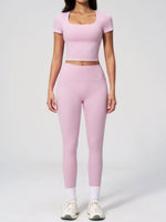 2PC Color Contrast Yoga Suit Women Short Sleeve Square Collar Slim Sports Top Fitness Suits Outdoor Exercise Leggings Tracksuit