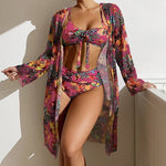 Sexy High Waisted Bikini 3 Pieces Floral Printed Swimsuit Size 3XL-S Women Bikini Set With Mesh Long-Sleeved Blouse Super Sales