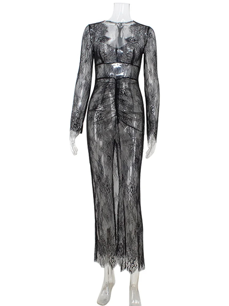Ahagaga Sexy Club Dresses For Women Lace Solid Sheath Rehular Long Sleeves V-Neck Sheer Slim Fit Maxi Bodycon Female Vestidos