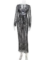 Ahagaga Sexy Club Dresses For Women Lace Solid Sheath Rehular Long Sleeves V-Neck Sheer Slim Fit Maxi Bodycon Female Vestidos