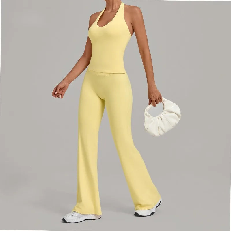 Women's Seamless Yoga Sets Sports Gym Fitness Hip-lifting Flared-pants Sleeveless Halter Tank Top Training Running Workout Suits