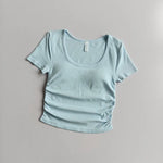 Big round Neck Yoga T-Shirt Short-Sleeved Slimming Sports Top with Fixed Chest Cushion for Running Pilates Summer Stretch