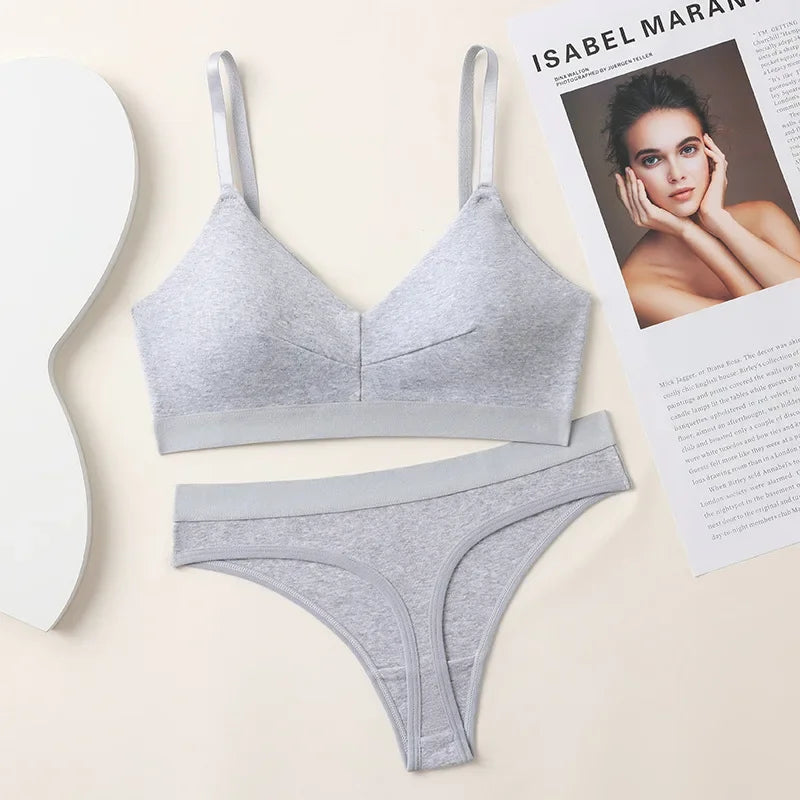 Comfort Cotton Bra Panties Set Women Push-Up Bra Low Waist Thongs Sports Underwear Sexy Lingerie Set Female T-Back Intimates