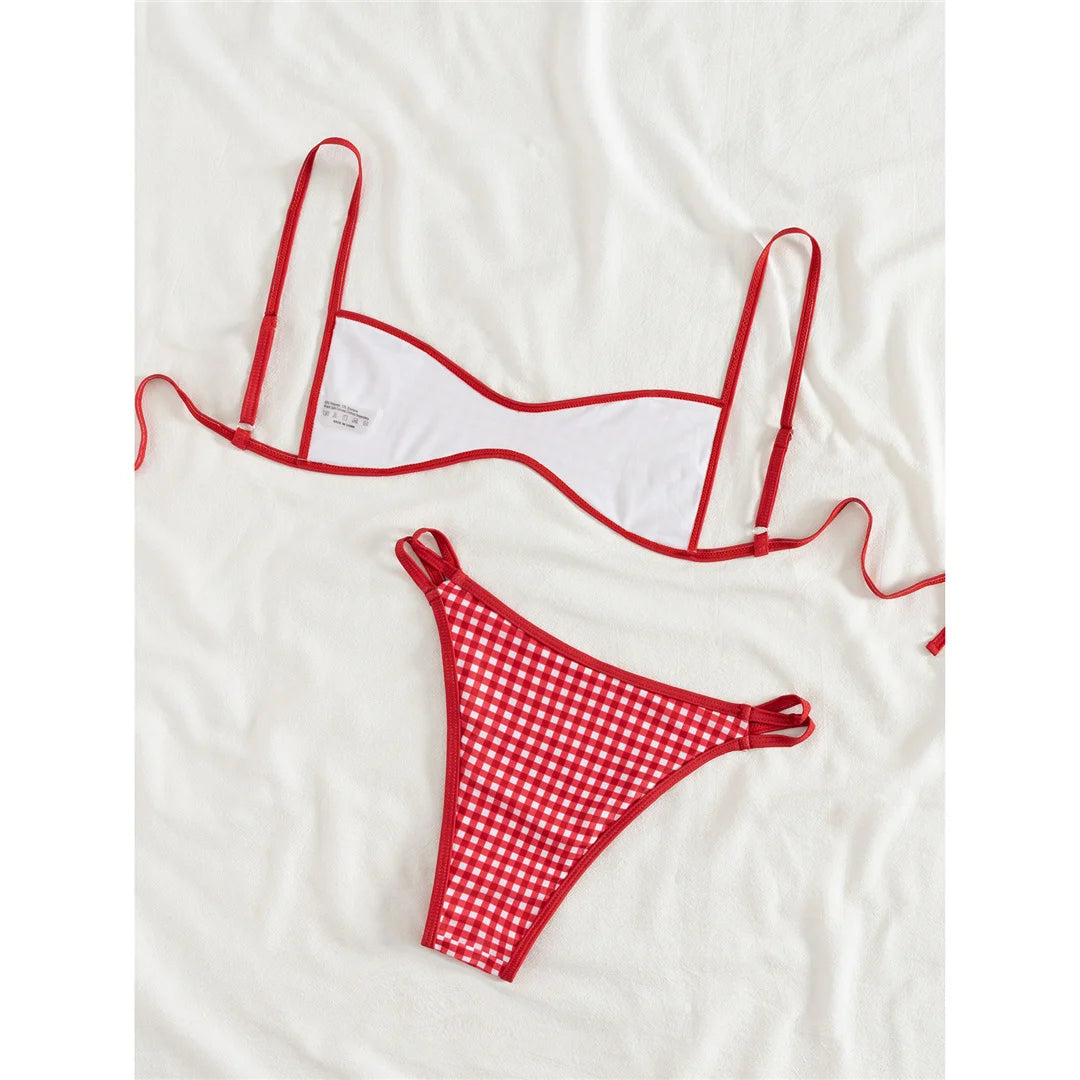 XS - L 2026 Printed Polka Dot Bikini Female Swimsuit Women Swimwear Two-pieces Bikini Set Plaid Bather Bathing Suit Swim V8039
