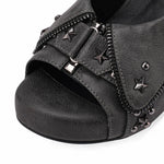 Brand New Women's Y2K Star Rivet Platform Sandals 2000's Peep Toe Slingback Chunky Heel Distressed Denim High Heeled Shoes