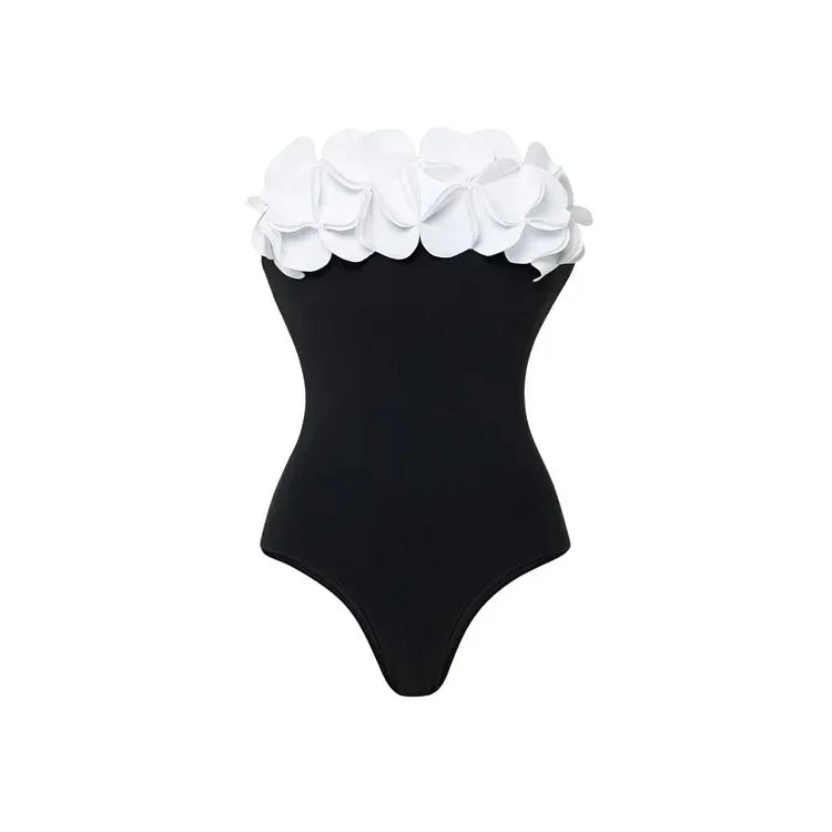 Vintage White Black Patchwork One Piece Swimsuit Long Skirt Set Women Sexy 3D Flower Bandeau Push Up Slim Holiday Swimwear 2025