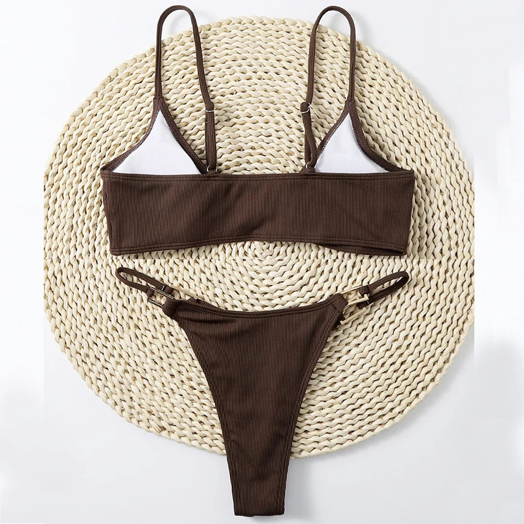 11 Colors Sexy Ribbed High Cut Bikini Women Swimwear Female Swimsuit Two-piece Bikini Padded set Bather Bathing Suit Swim V7111B