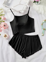 Women's Pajama Set Solid Color Camisole Crop Top and Ruffle Shorts, Sleeveless Soft Sleepwear, Summer Loungewear Outfit