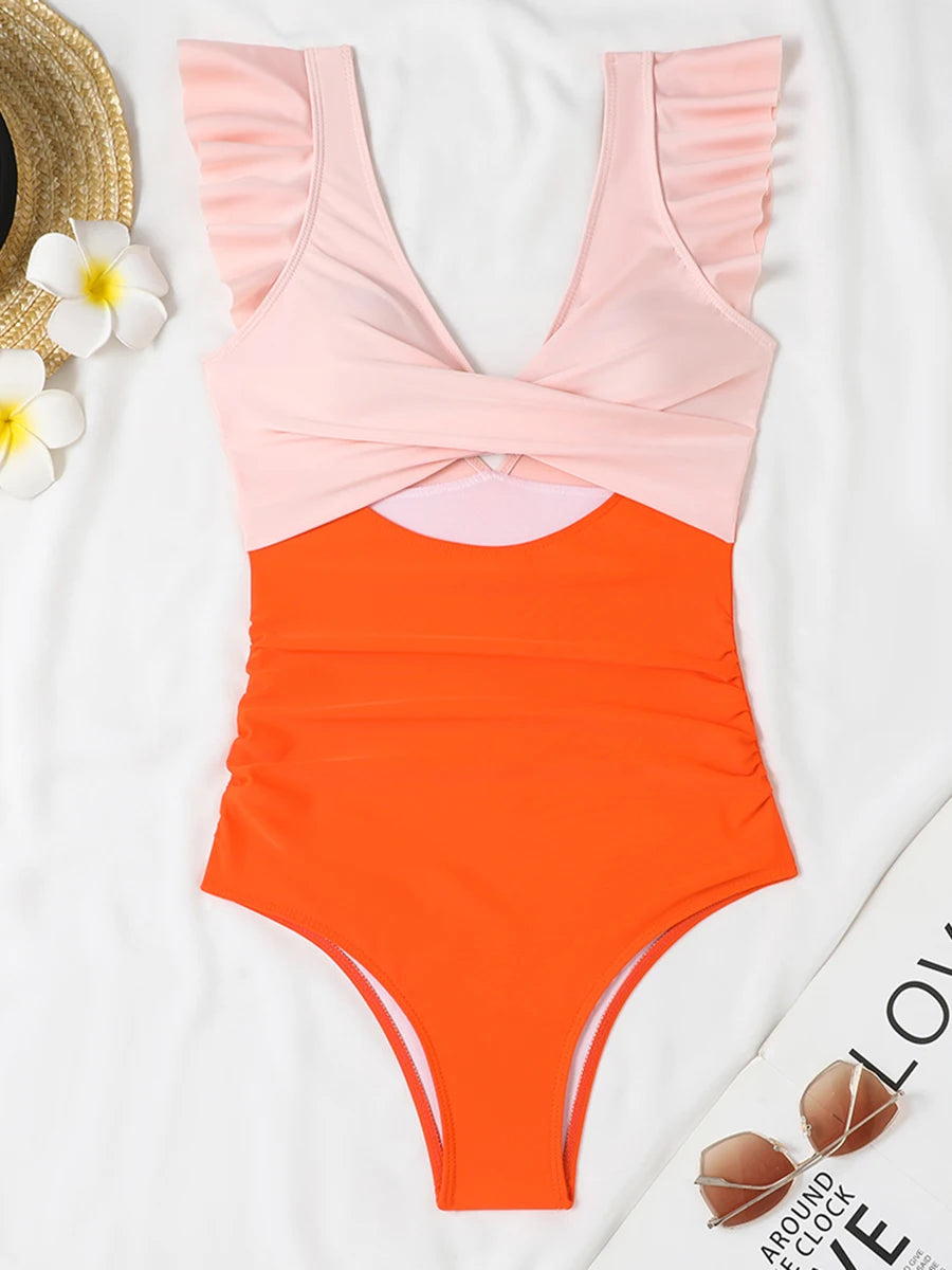 2026 Hollow Out Cross Ztvitality Swimsuit One Piece Solid Ruffle Swimwear Women Bathing Swimming Swim Suit Female Beach Wear