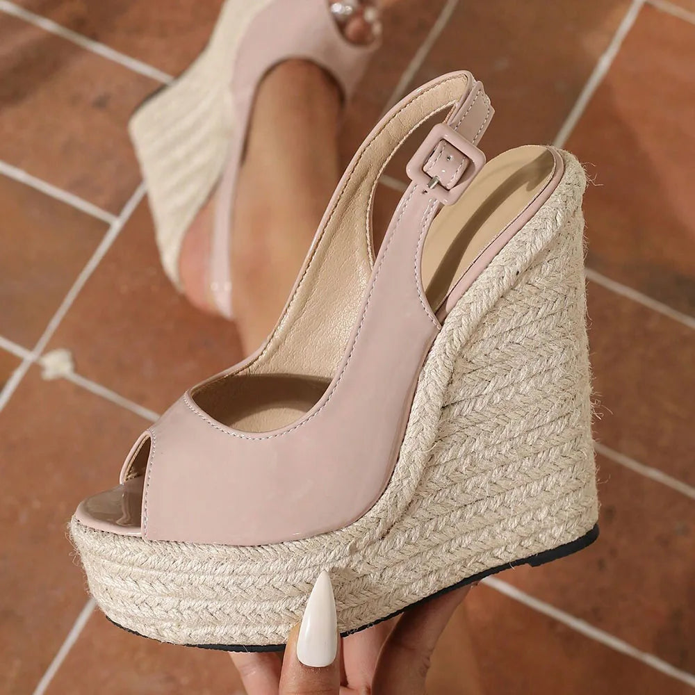 Sexy Peep Toe Nude Summer Espadrilles Sandals Women Classic Super High Heels Slingback Sandals Platform Sandals Wedges Shoes