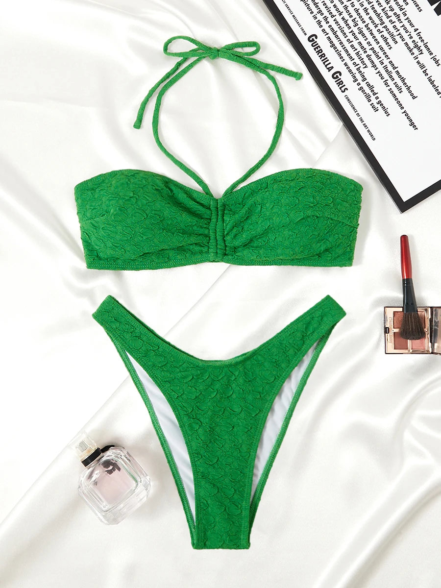 2025 Halter Bandeau Bikini Solid Swimwear Female Sexy Swimsuit Women Bathers Bathing Swimming Swim Suit Beachwear