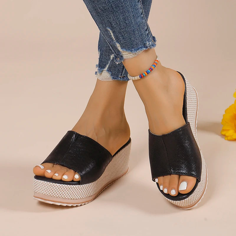2025 Summer Chunky Platform Slippers for Women Pu Leather Wedges High Heel Sandals Woman Plus Size 36-43 Beach Sandles Female