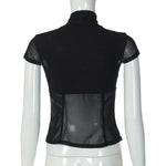 Women Sexy Hollow Out Mesh T-shirts 2026 Summer Bandage Short Sleeve Black Corset Girls Slim Crop Tops T Shirt Party Streetwear