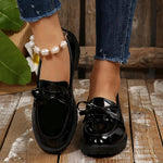 Patent Leather Med Heels Loafers Women Spring Plus Size 43 Bowknot Slip On Flats Woman British Style Student Pu Leather Shoes