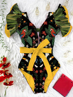 Sexy Ruffle Shoulder Swimsuit V-Neck Swimwear Women Backless Push Up Bathing SuitBeach Wear 2024 Female Swimming Suit