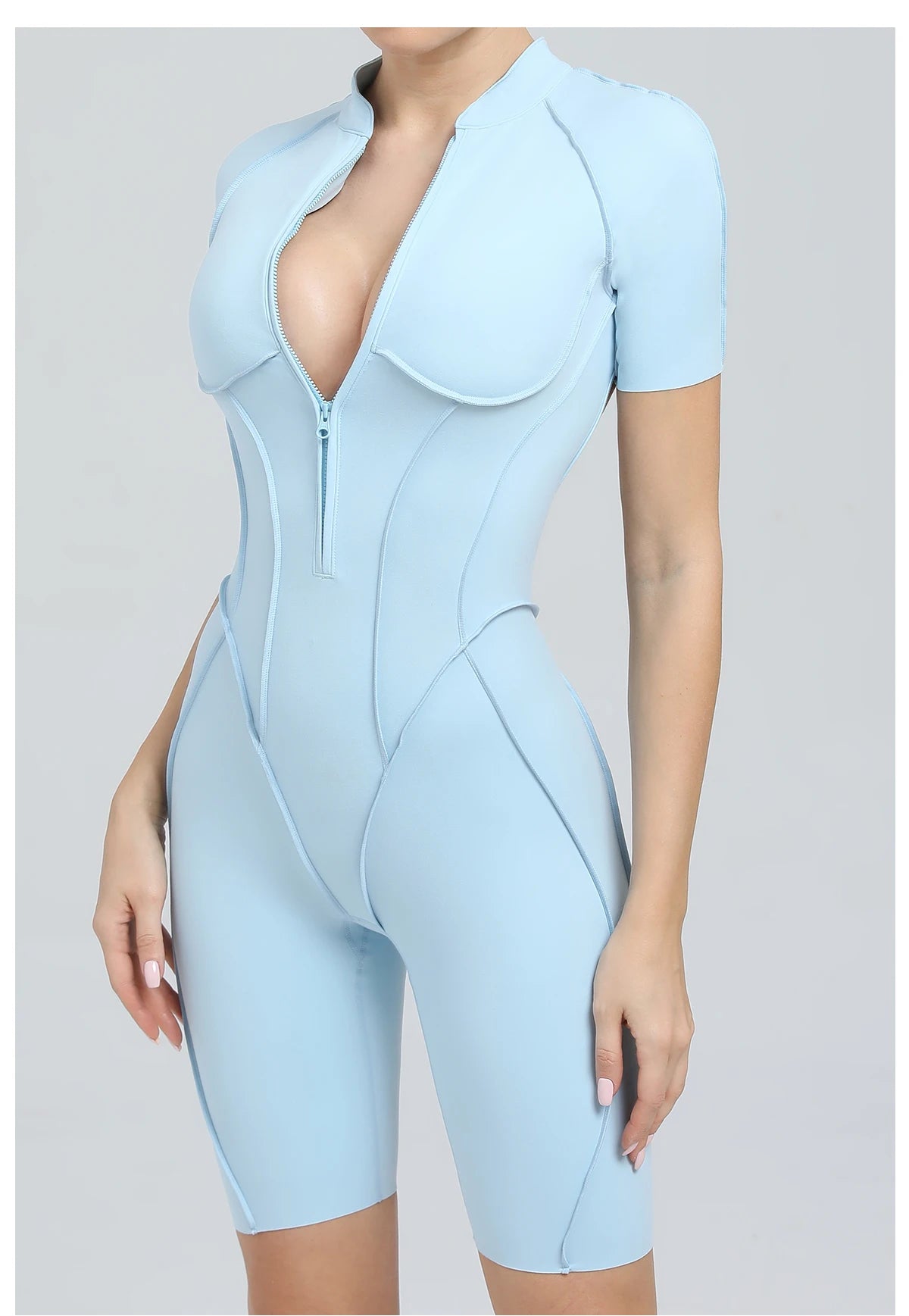 Summer Zipper Workout Jumpsuit Sports Overalls Women Running Fitness Short Sleeve Yoga Bodysuit