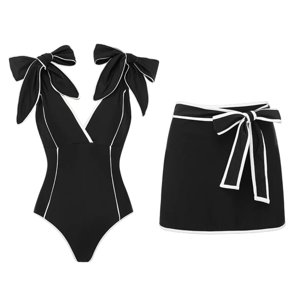 New 2Pcs Black Hollow Swimsuit Women Sexy Swimwear With Midi Skirt Push Up Bikini Female Biquini Bathingsuit Bodysuit Beachwear