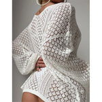 S - XL New V Neck Long Sleeve Crochet Knitted Tunic Beach Cover Up Cover-ups Beach Dress Beach Wear Beachwear Female Women V8284