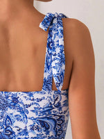 Vintage Blue Floral Print One Piece Swimsuit 2025 Women Tie Strap V Wire Slim Tummy Control Swimwear Beach Holiday Bathing Suits