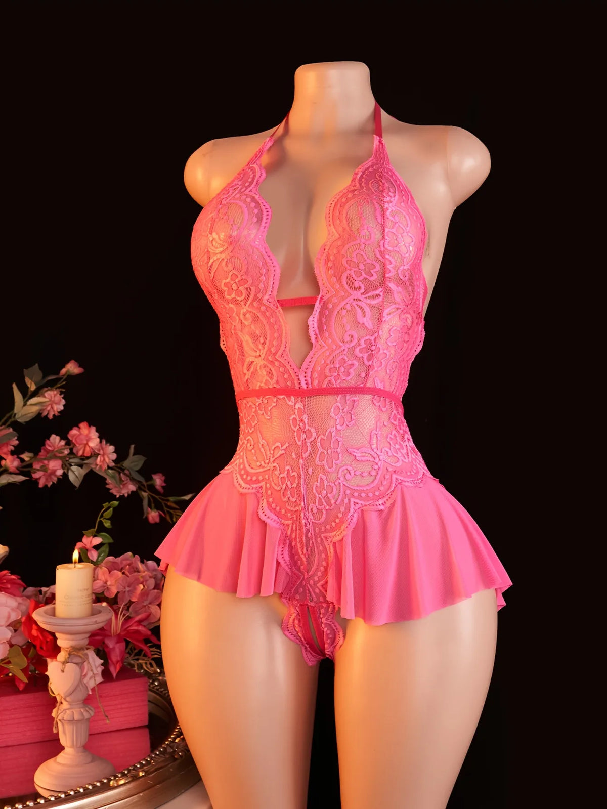 Women's Lace Bodysuit Halter Neck Deep V Backless Floral Sheer One Piece Lingerie with Ruffle Skirt for Nightwear