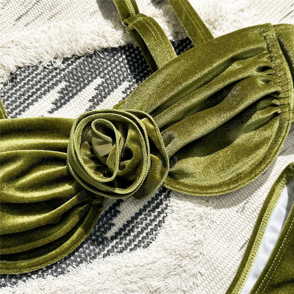 Sexy Green Velvet 3D Flower Swimwear Push Up Bikinis Sets Swimsuit 2026 Women Underwired Bathing Suit Thong Bikini Mujer Biquini