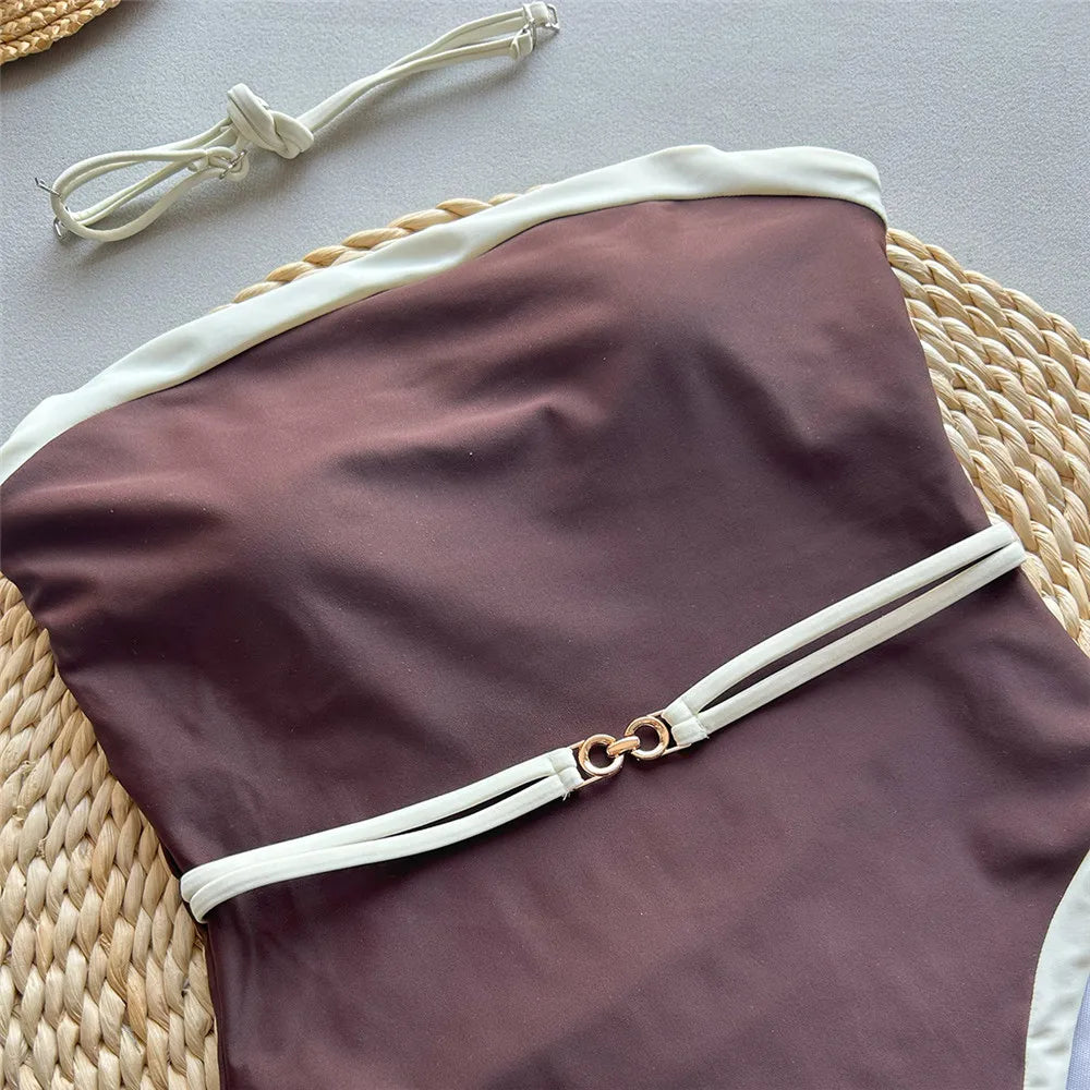 Brown Strapless Sexy Swimsuit Women One Piece Swimwear 2026 White Edge Metal Ring Belt High Cut Bathing Swimming Suit Monokini